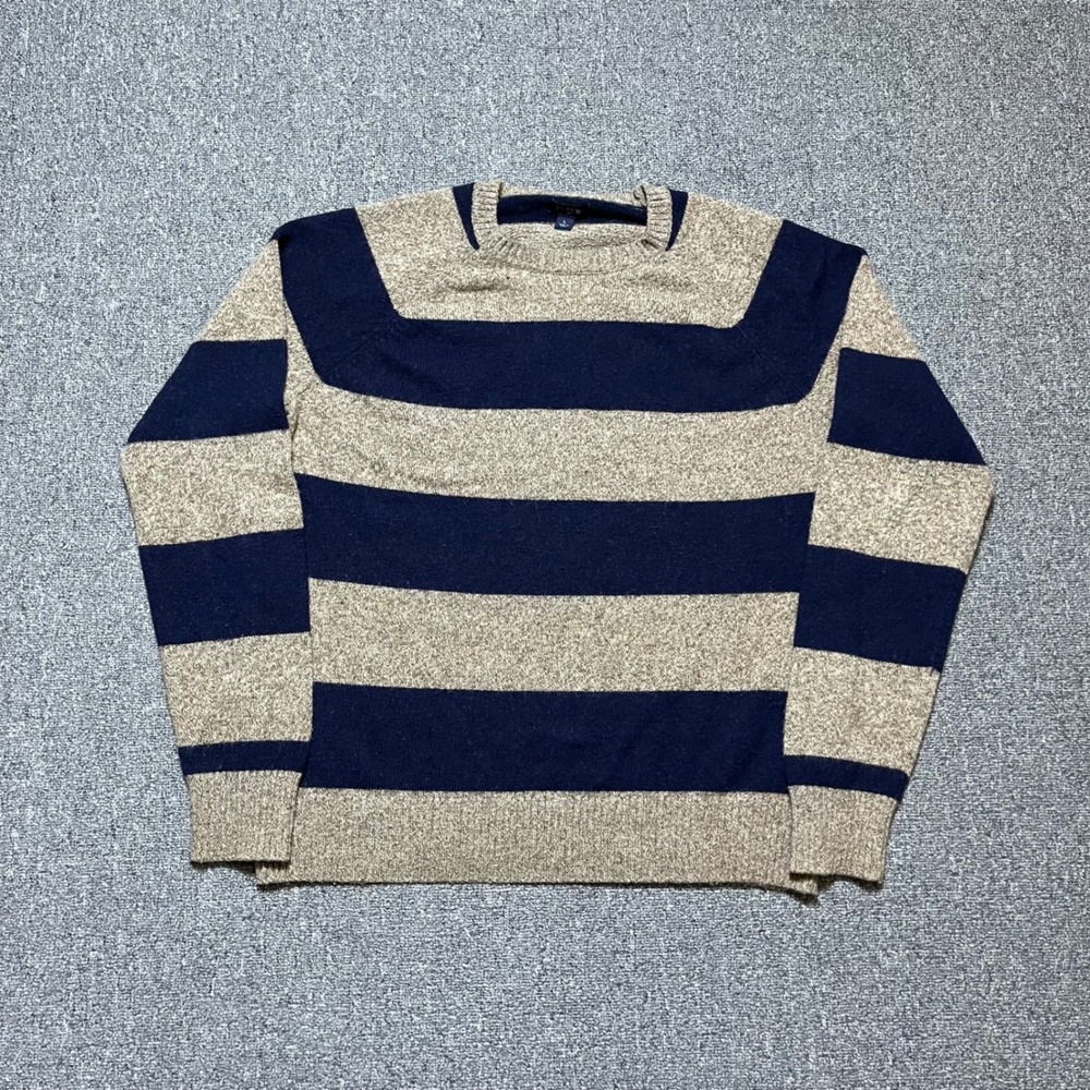 J.Crew Sweater Large Blue Tan Striped Lambs Wool Blend Crewneck Pullover